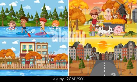 Diverse scene di sfondo della natura nell'illustrazione dell'insieme Illustrazione Vettoriale