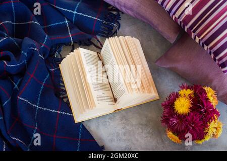 Composizione autunnale. Crisantemi libro prugne vista dall'alto piatto. Il concetto di comfort, inverno freddo. Un mockup per la scrittura, un foglio bianco di un noteboo Foto Stock