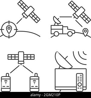 Icone lineari satelliti per comunicazioni impostate Illustrazione Vettoriale