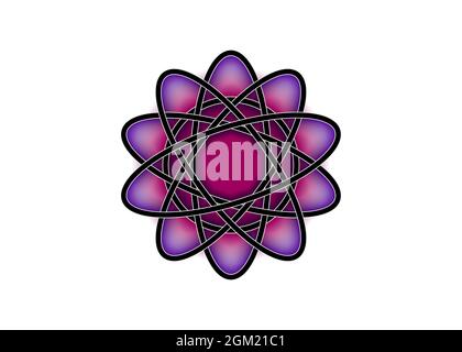 Pittogramma di atomo. Modello con logo viola in stile nodo celtico su sfondo bianco. Simbolo tribale in forma di mandala circolare elemento ornamento segno tatuaggio Illustrazione Vettoriale