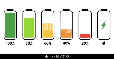 Una serie di icone dello stato delle informazioni della batteria. Una serie di indicatori del livello di carica della batteria. Icone di informazioni per la ricarica di Illustrazione Vettoriale