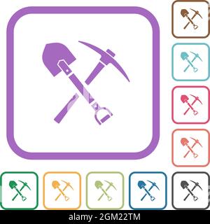 shovel e pickaxe icone semplici in cornici quadrate arrotondate a colori su sfondo bianco Illustrazione Vettoriale