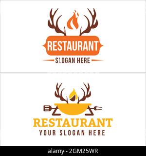 Barbecue grill con il logo culinario del cervo del corno del fuoco Illustrazione Vettoriale