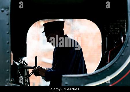 Kidderminster, Worcs, Regno Unito. 16 settembre 2021. Un conducente è in cabina mentre prepara il suo motore per un giorno di viaggio il giorno di apertura del Gala a vapore d'autunno della Severn Valley Railway, Kidderminster, Worcestershire. Il gala dura fino a domenica 19 settembre e dispone di locos per gli ospiti. Credit: Peter Lopeman/Alamy Live News Foto Stock