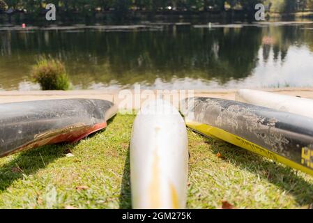 canoe poggiano sull'erba del fiume. Foto Stock