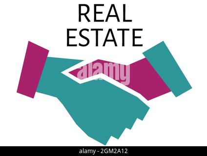 Immagine generata digitalmente del testo del bene immobile con icona di handshake su sfondo bianco Foto Stock