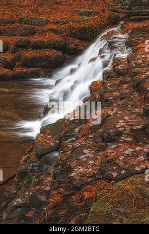 Cascade and Fall Foliage - le foglie di vegetazione autunnale coprono i terreni che circondano questa cascata all'Hickory Tun state Park in Pennsylvania. Questa immagine è un Foto Stock