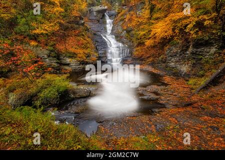 Raymondskill Falls Autumn - acqua pesante flusso durante la stagione piovosa in primavera. Le cascate di Raymondskill si trovano nella Delaware Water Gap Natione Foto Stock