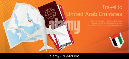 Viaggia verso il banner pop-under degli Emirati Arabi Uniti. Banner viaggio con passaporto, biglietti, aereo, carta d'imbarco, mappa e bandiera degli Emirati Arabi Uniti. Ve Illustrazione Vettoriale