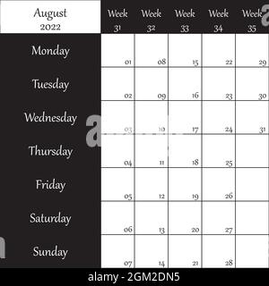 Agosto 2022 Planner con numero per ogni settimana nero su sfondo trasparente Illustrazione Vettoriale