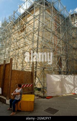 La chiesa di San Benedetto a Norcia, distrutta in un terremoto del 30 ottobre 2016., Umbria, Italia Foto Stock