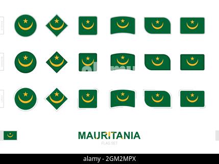 Insieme di bandiere di Mauritania, bandiere semplici di Mauritania con tre effetti diversi. Illustrazione vettoriale. Illustrazione Vettoriale