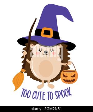 Troppo carino da spook, Halloween felice - divertente strega di Hedgehog. Hedgehog Doodle disegnare per la stampa. Adorabile poster per Halloween party, buono per t-shirt, gif Illustrazione Vettoriale