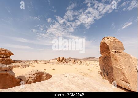 Formazioni rocciose di arenaria di forme folli nel deserto vicino a Medina e AlUla e Madain Saleh in Arabia Saudita Foto Stock