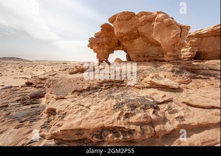 Formazioni rocciose di arenaria di forme folli nel deserto vicino a Medina e AlUla e Madain Saleh in Arabia Saudita Foto Stock