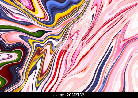 Sfondo moderno e colorato di arte liquida. Colore onda forma liquida rosa, giallo e blu. Design astratto, flusso backgound Foto Stock