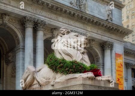 NYPL Patience Lion - Patience, una delle statue di leoni di fronte al ramo principale della New York Public Library sulla Fifth Avenue a New York City, N. Foto Stock