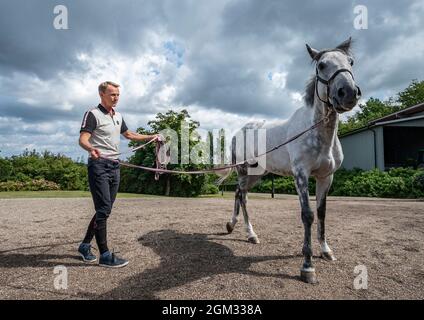 Saltatore e medaglia olimpica svedese, Peder Fredricson, a casa nella sua fattoria a Grevlunda, Svezia, 11 agosto 2021, con il suo cavallo Jumper d'oase. Foto: Johan Nilsson / TT / codice 50090 Foto Stock