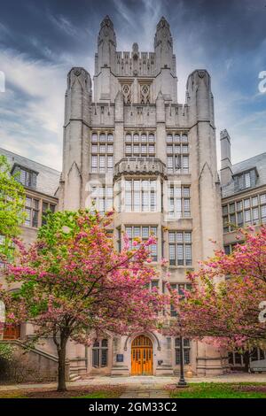 Yale University Sheffield-Sterling-Strathcona Hall - Vista esterna all'ingresso posteriore dell'auditorium con un cielo spettacolare. Yale University è un Foto Stock