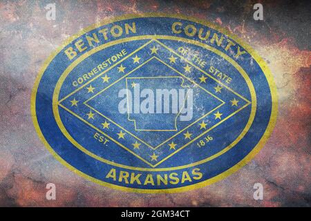 Vista dall'alto della contea retrò di Benton, bandiera dell'Arkansas con texture grunge, USA, senza flagpole. Layout del progetto del piano. Contrassegna sfondo Foto Stock