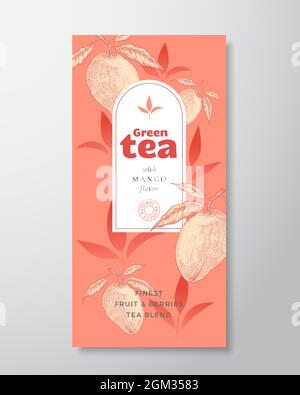 Modello etichetta tè Fruit and Berries. Layout del progetto di packaging vettoriale astratto con ombre realistiche. Mango disegnato a mano con silhouette decorazione foglie Illustrazione Vettoriale