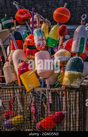 P Boe di pesca della città - tempo ma boe di pesca molto colorate trovati a Provincetown in Cape Cod Massachusetts in New England, questa immagine è disponibile Foto Stock