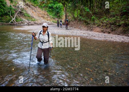 Un gruppo di escursionisti panamaniani sta attraversando un fiume lungo il vecchio sentiero Camino Real, il parco nazionale di Chagres, Repubblica di Panama, America Centrale. Foto Stock