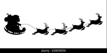 Babbo Natale in slitta con illustrazione vettoriale delle renne isolata su sfondo bianco. Silhouette di Natale. Illustrazione Vettoriale