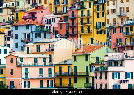 Abitazioni colorate. Sfondo pieno con edifici colorati. Manarola, Parco Nazionale delle cinque Terre, Italia. Foto Stock