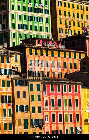Abitazioni colorate. Sfondo pieno con edifici multicolore. Camogli, Italia. Foto Stock