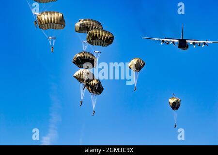 Paracadutisti militari paracadutisti paracadutisti che saltano fuori da un aereo di forze aeree in una giornata di cielo blu chiaro. Foto Stock