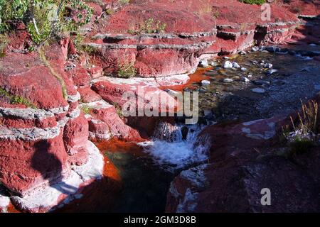 Acqua fredda che scorre attraverso il Red Rock Canyon nel parco nazionale di Waterton Lakes nel Montana Foto Stock