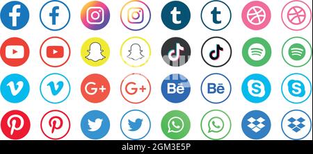 Icone dei social media o loghi dei social network insieme di icone vettoriali piatte per applicazioni e siti Web insieme di vettori Illustrazione Vettoriale