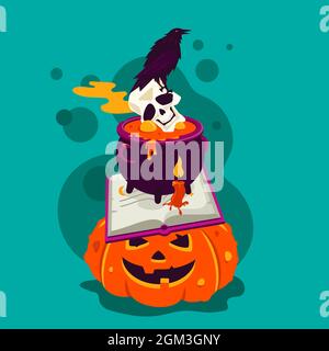 Halloween mistico - moderno cartoon stile colorato poster. Combinazione di elementi a forma di piramide costituita da zucca arancione, libro di incantesimi Illustrazione Vettoriale
