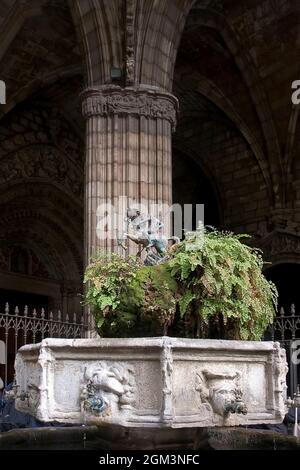 Fontana al Chiostro della Cattedrale di Santa Eulalia. Barcellona. Catalunya. Spagna Foto Stock
