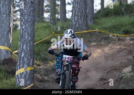 Una discesa in mountain bike che scende su un terreno difficile in boschi con polvere proveniente da dietro Foto Stock