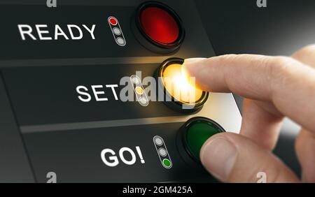 Uomo premendo i pulsanti del conto alla rovescia su una tavola per avviare un evento o una gara. Immagine composita tra una fotografia manuale e uno sfondo 3D. Foto Stock