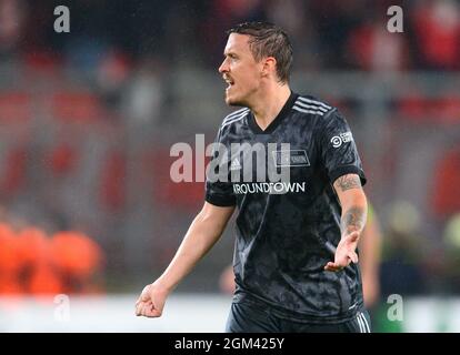 Prag, Repubblica Ceca. 16 settembre 2021. Calcio: UEFA Europa Conference League, Slavia Praga - 1. FC Union Berlin, Group Stage, Group e, Matchday 1, Eden Arena. Il Max Kruse di Berlino reagisce. Credit: Robert Michael/dpa-Zentralbild/dpa/Alamy Live News Foto Stock