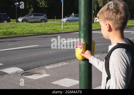 Schoolboy vicino al passaggio pedonale e preme dispositivo giallo con pulsante su richiesta al semaforo Foto Stock