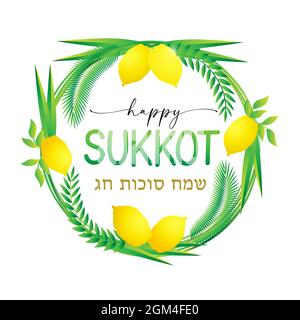 Buon Sukkot, corona di palme e etrog per la festa ebraica Sukkot. Calligrafia di saluto ebraico per felice sukot. Illustrazione vettoriale con rami di palma Illustrazione Vettoriale