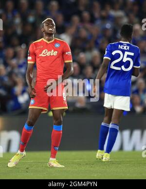 Leicester, GBR. 16 settembre 2021. Victor Osimhen di Napoli rues ha perso la possibilità di gol durante Leicester City / Napoli, UEFA Europa League Football match, King Power Stadium, Leicester, UK-16 Sep 2021 Credit: Michael Zemanek/Alamy Live News Foto Stock