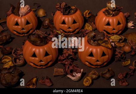 Disposizione piatta di arance secche, pesca, noci, nocciole e fiori che si spillano dalle zucche di Halloween. Su sfondo marrone pastello. Halloween idea. Minimo Foto Stock