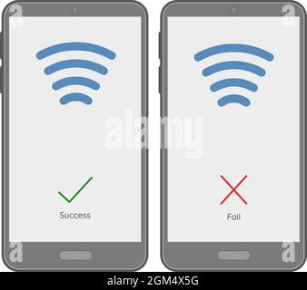 Smartphone pagamento senza contatto, successo, errore, acquisto carta di credito, nfc, pagamento, sfida, wifi, illustrazione vettoriale wireless Illustrazione Vettoriale