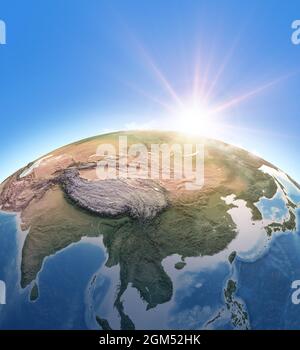Sole che brilla sul pianeta Terra. Mappa fisica dell'Asia sudorientale, della Cina, della Mongolia e dell'Himalaya. Elementi di questa immagine forniti dalla NASA Foto Stock