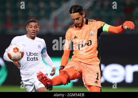 Mosca, Russia. 16 settembre 2021. MOSCA, RUSSIA - SETTEMBRE 16: Portiere Guilherme del FC Lokomotiv durante la partita della UEFA Europa League tra il FC Lokomotiv e il FC Olympique de Marseille a Lokomotivstadion il 16 Settembre 2021 a Mosca, Russia (Foto di Anatoliy Medved/Orange Pictures) credito: Orange Pics BV/Alamy Live News Foto Stock