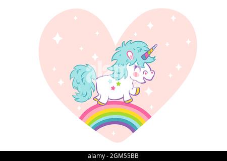 Biglietto d'auguri vettoriale con simpatico unicorno in stile kawaii. Carta vettoriale simpatico unicorno per San Valentino. Illustrazione Vettoriale