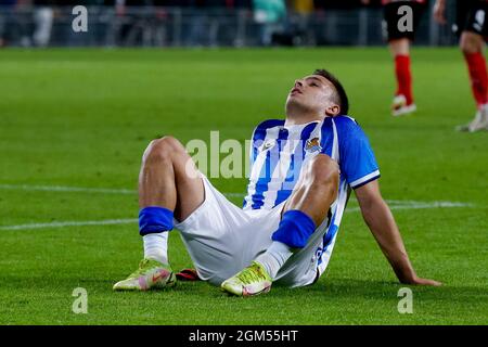 Eindhoven, Paesi Bassi. 16 settembre 2021. EINDHOVEN, PAESI BASSI - SETTEMBRE 16: Andoni Gorosabel di Real Sociedad sembra abbattuto durante la partita di palco del Gruppo UEFA Europa League tra PSV e Real Sociedad allo Stadio Phillips il 16 Settembre 2021 a Eindhoven, Paesi Bassi (Foto di Broer van den Boom/Orange Pictures) Credit: Orange Pics BV/Alamy Live News Foto Stock