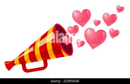 Vettore vintage a strisce megafone con cuori per San Valentino. Megafone vintage con cuori. Illustrazione Vettoriale