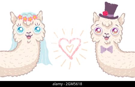 Illustrazione vettoriale di una simpatica lama per l'invito al matrimonio. Cute alpaca. Sposa e sposo con cuore. Illustrazione Vettoriale