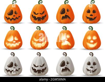 Halloween Jack o Lantern Pumpkins set - arancione, bianco e scintillante zucca cute isolato su sfondo trasparente Illustrazione Vettoriale